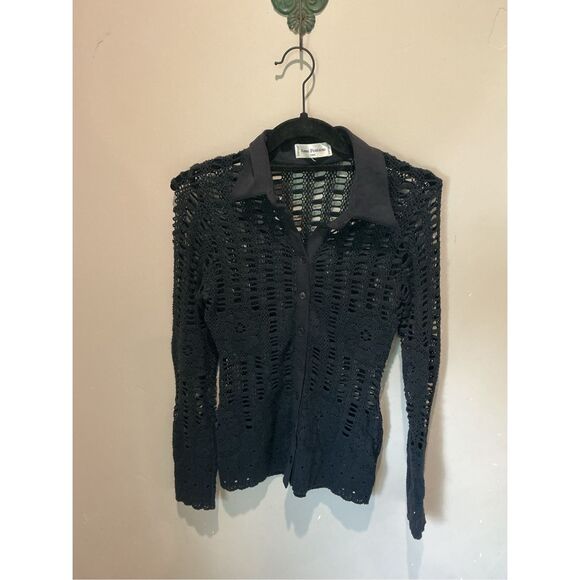 ANNE FONTAINE Black Lace Blouse Long Sleeve Collared Top Designer - Picture 3 of 8